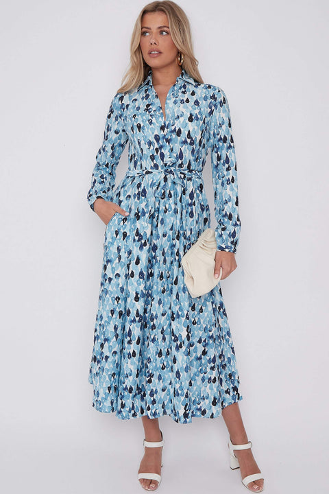 Blue Drops Printed Midaxi Shirt Dress by LOVE SUNSHINE