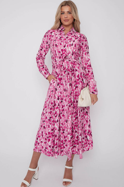 Pink Drops Printed Midaxi Shirt Dress by LOVE SUNSHINE