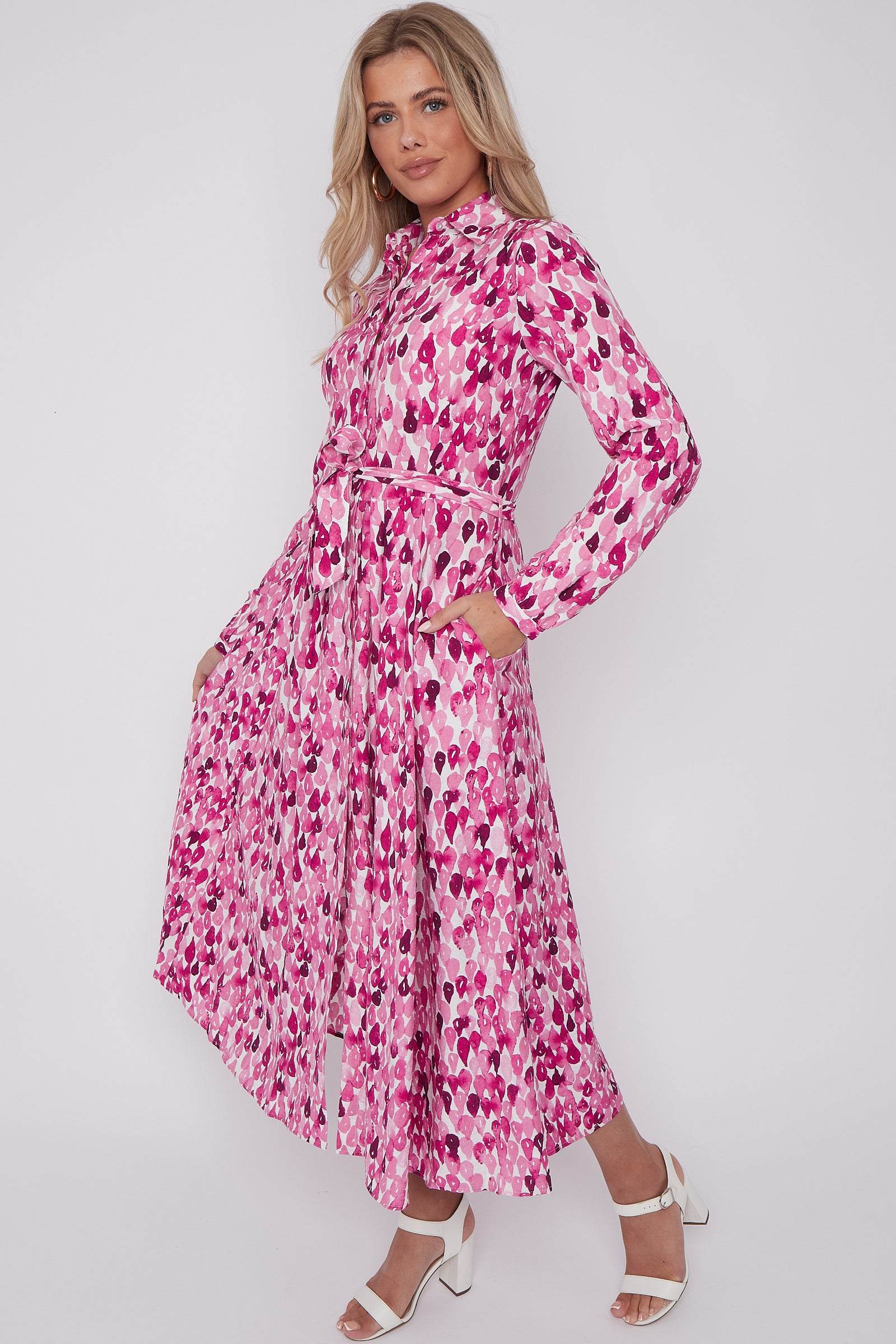 Pink Drops Printed Midaxi Shirt Dress LS-2037-C115