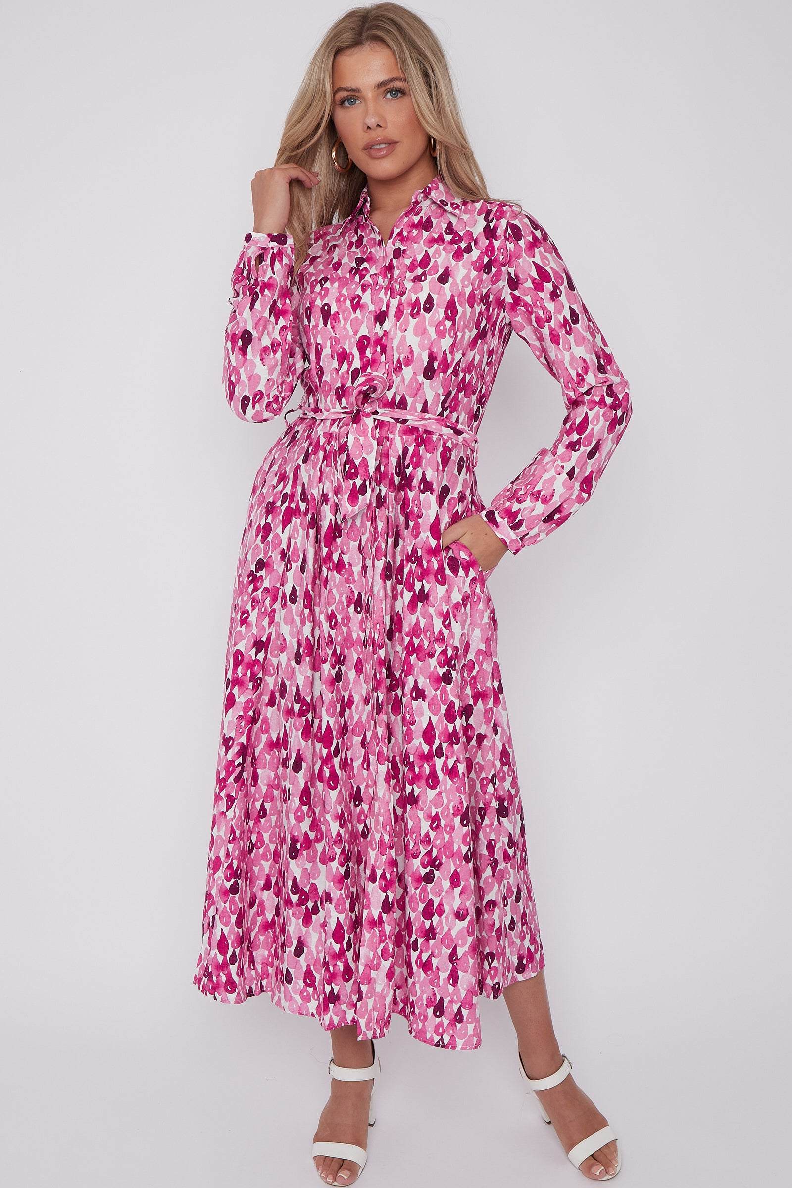 Pink Drops Printed Midaxi Shirt Dress LS-2037-C115