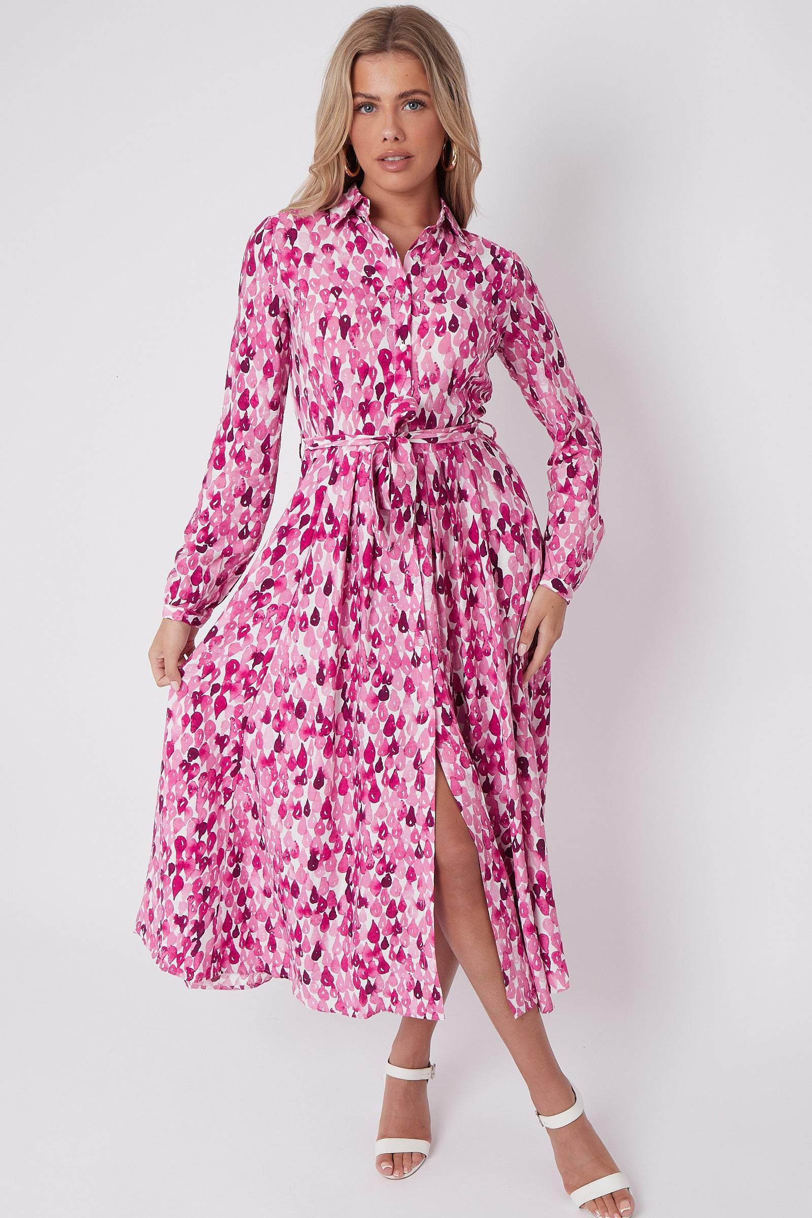 Pink Drops Printed Midaxi Shirt Dress LS-2037-C115