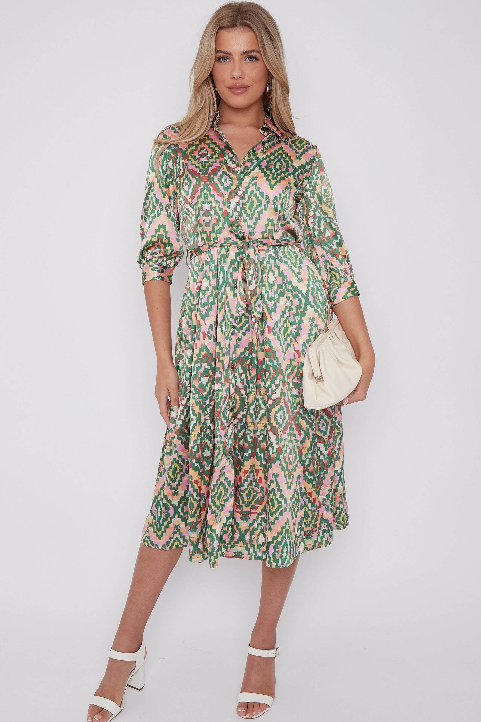 Green Aztec Print Half SleeveSatin Midi Shirt Dress LS-2045-D53