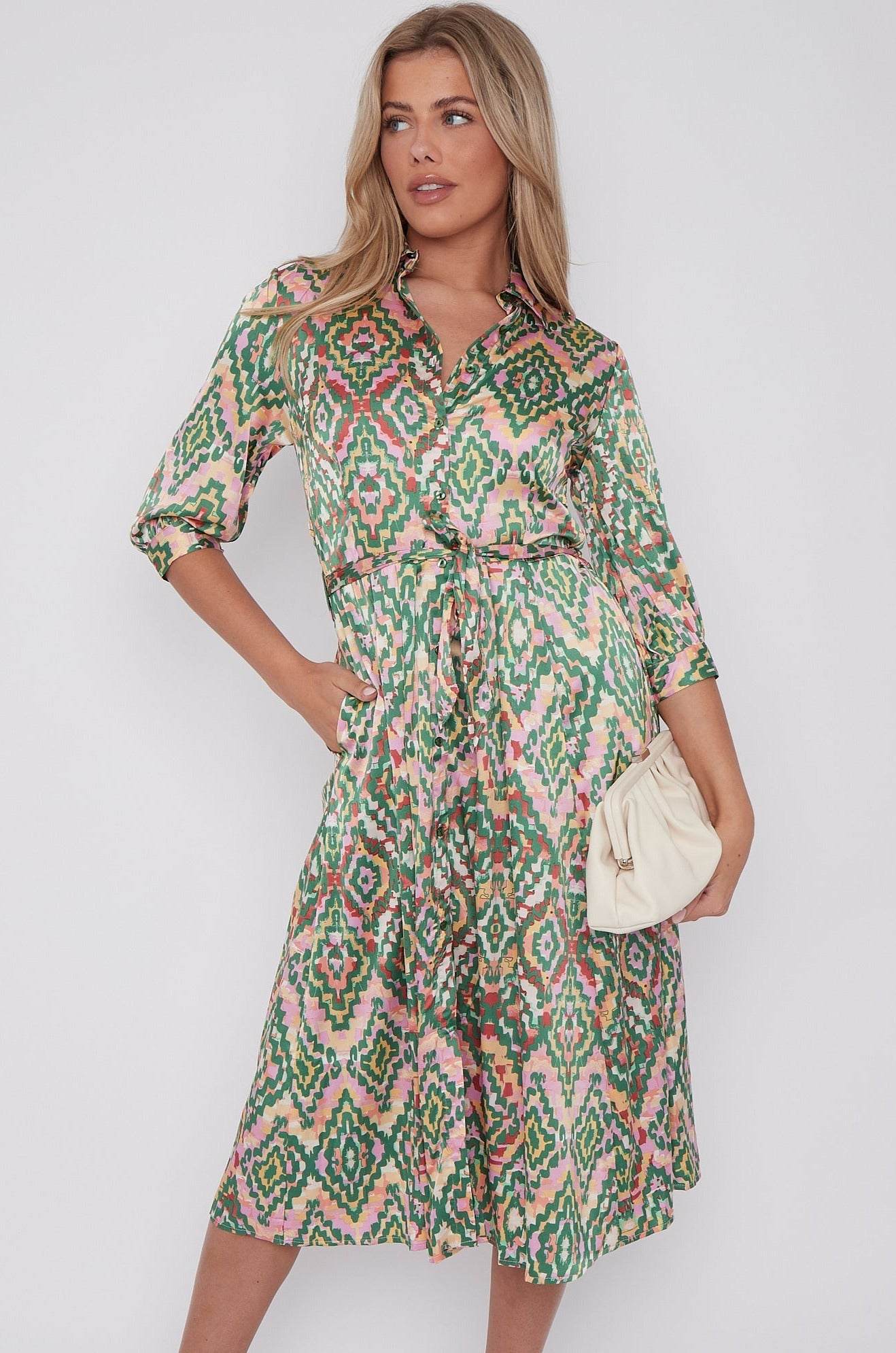 Green Aztec Print Half SleeveSatin Midi Shirt Dress LS-2045-D53