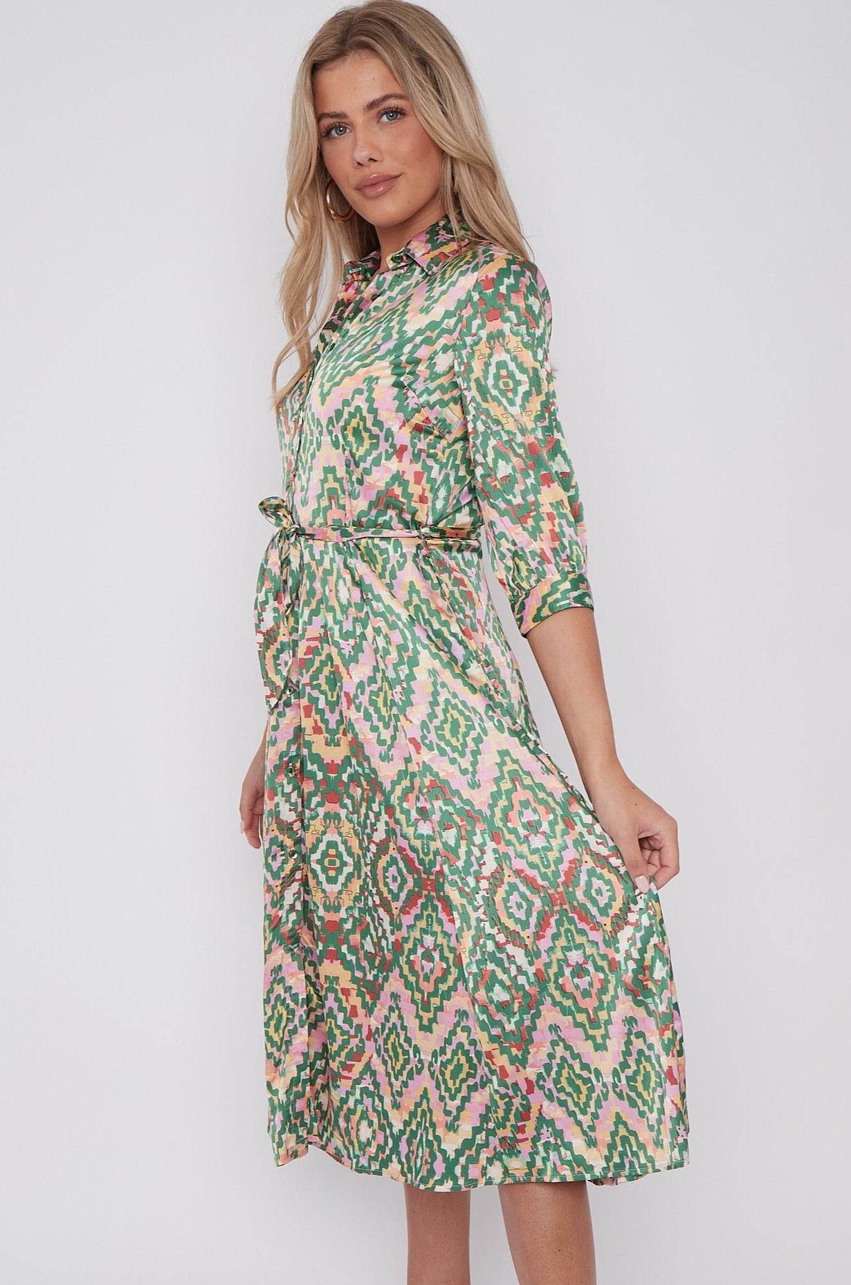 Green Aztec Print Half SleeveSatin Midi Shirt Dress LS-2045-D53