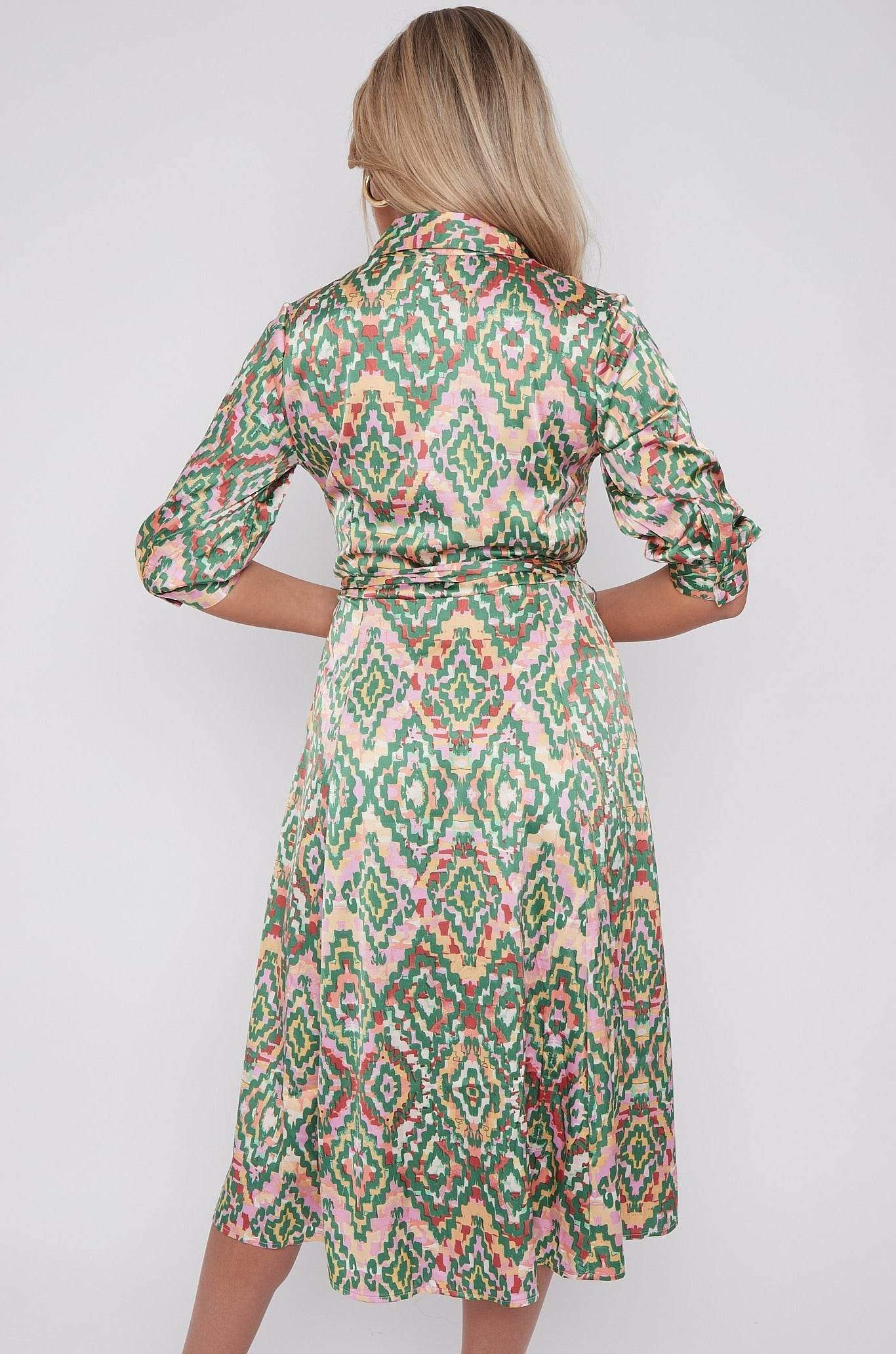 Green Aztec Print Half SleeveSatin Midi Shirt Dress LS-2045-D53