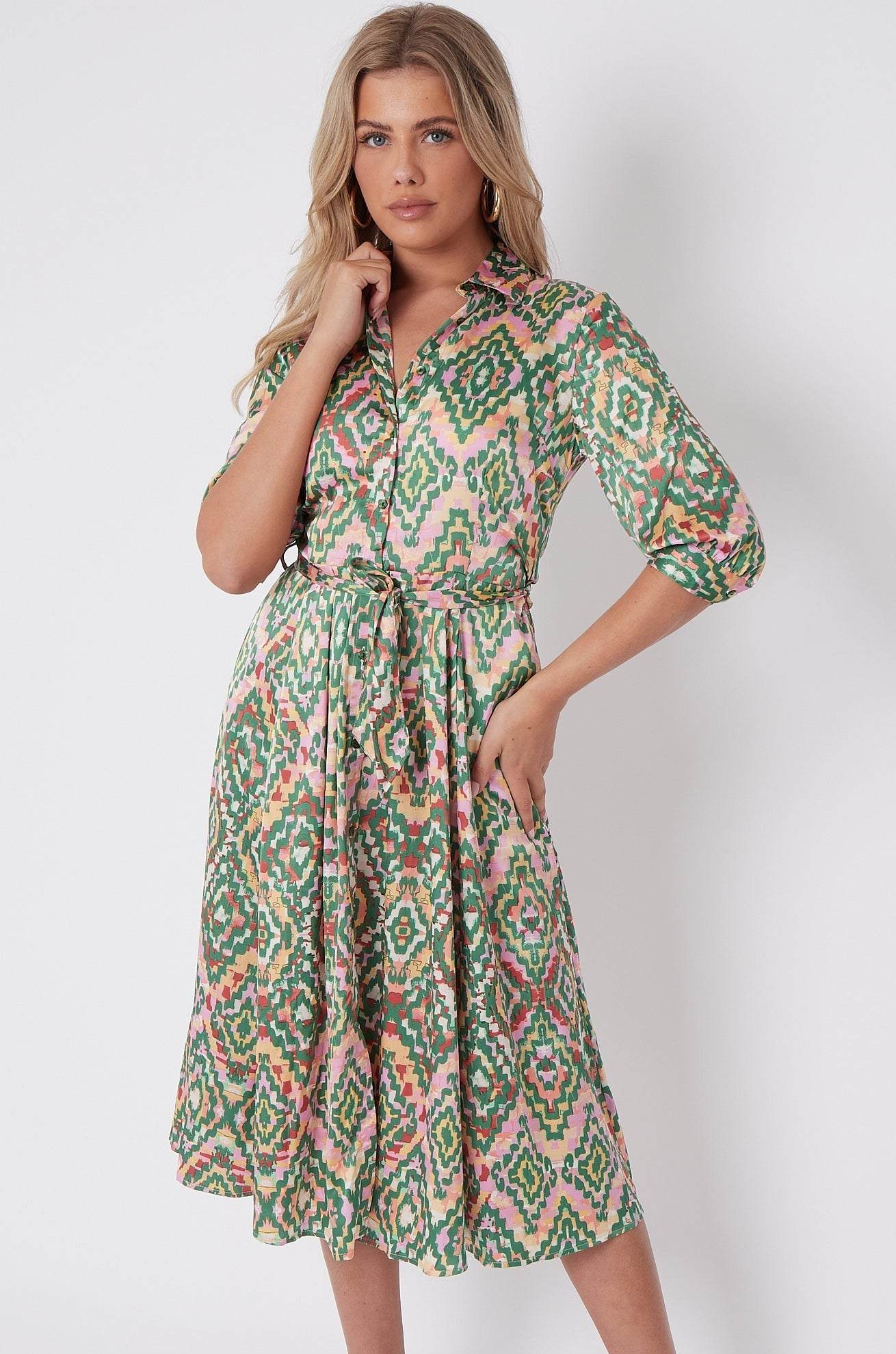 Green Aztec Print Half SleeveSatin Midi Shirt Dress LS-2045-D53