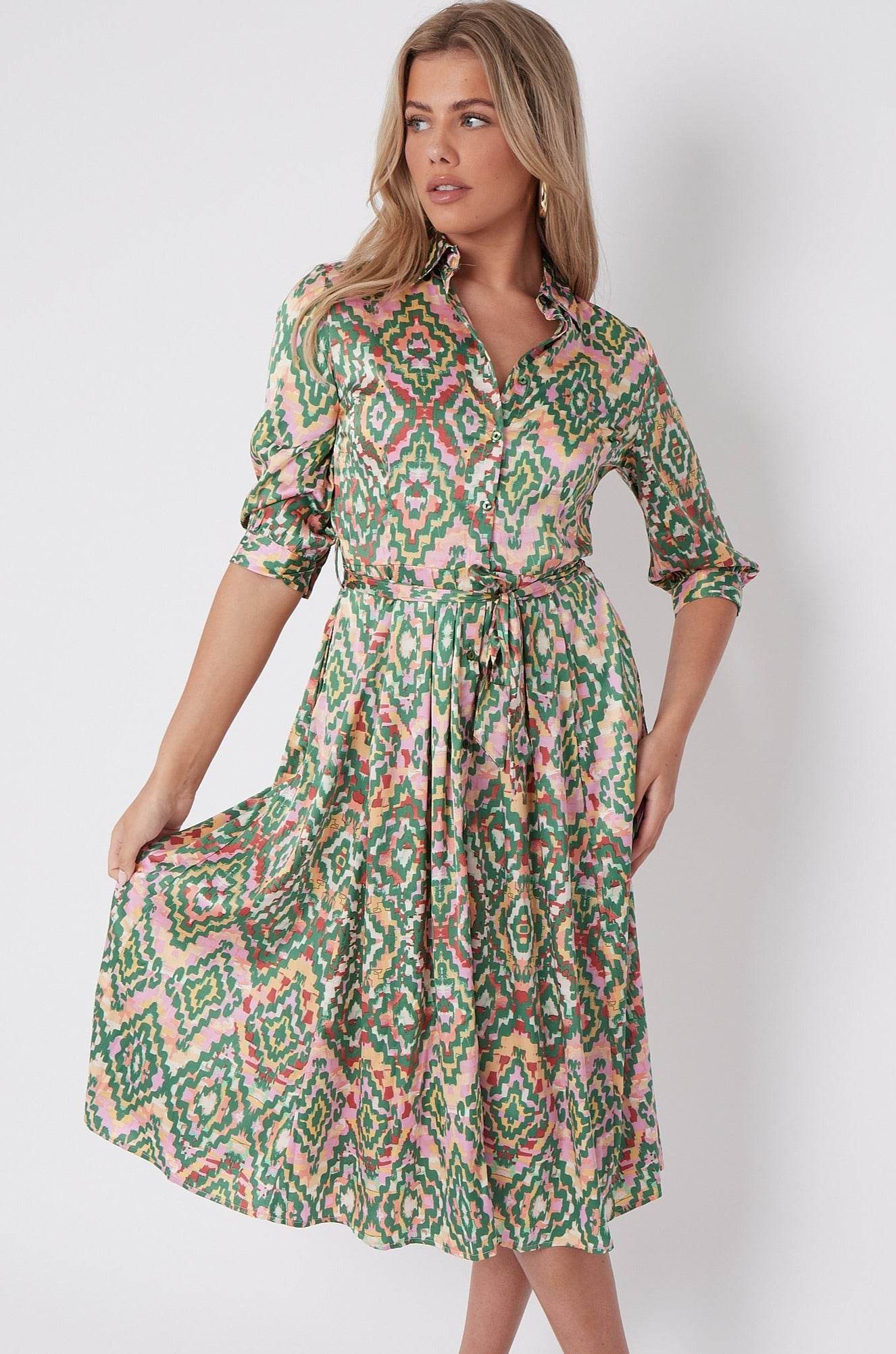 Green Aztec Print Half SleeveSatin Midi Shirt Dress LS-2045-D53