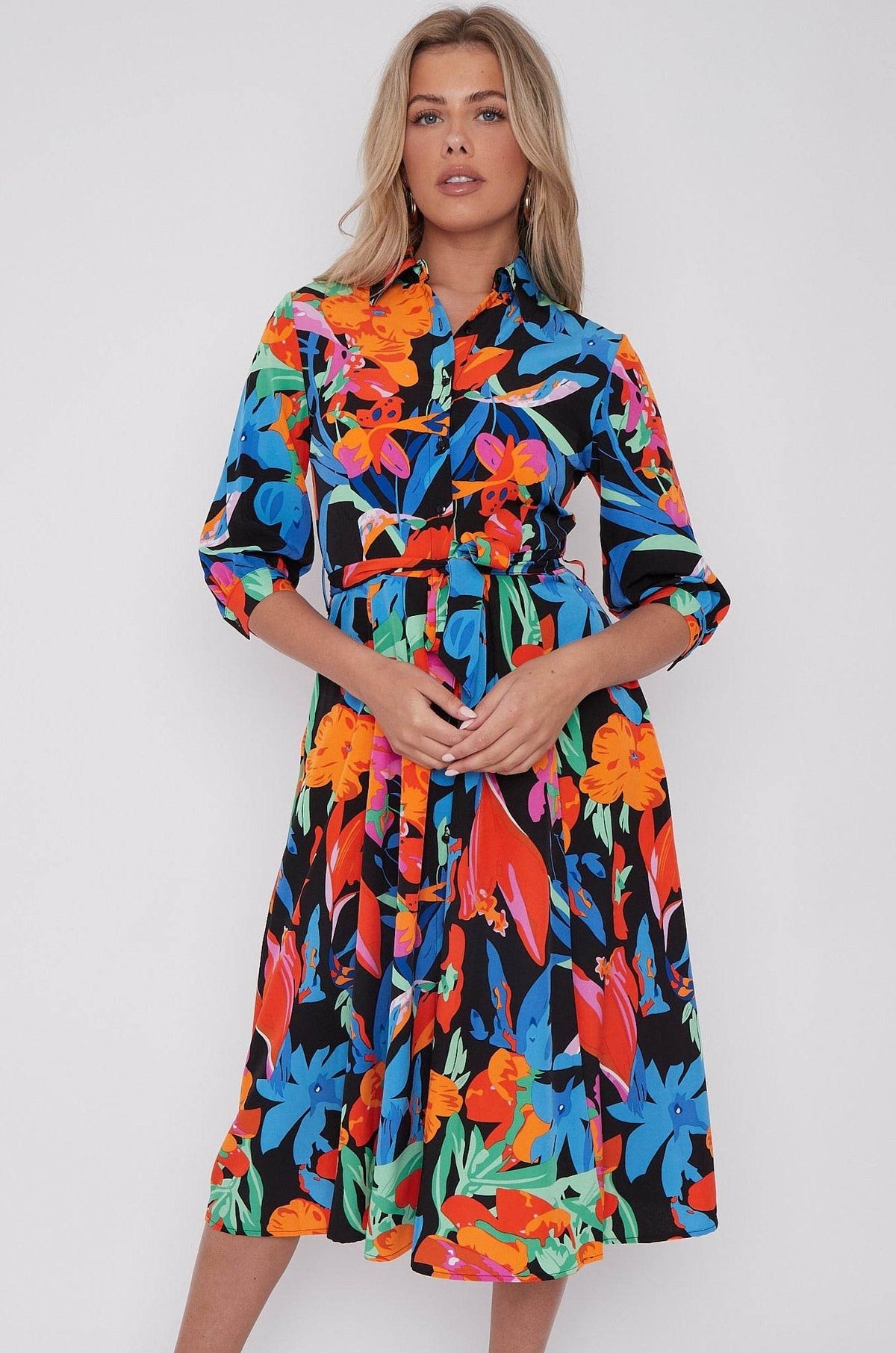 Multi Floral Print Half Sleeve Midi Shirt Dress LS-2045-D52