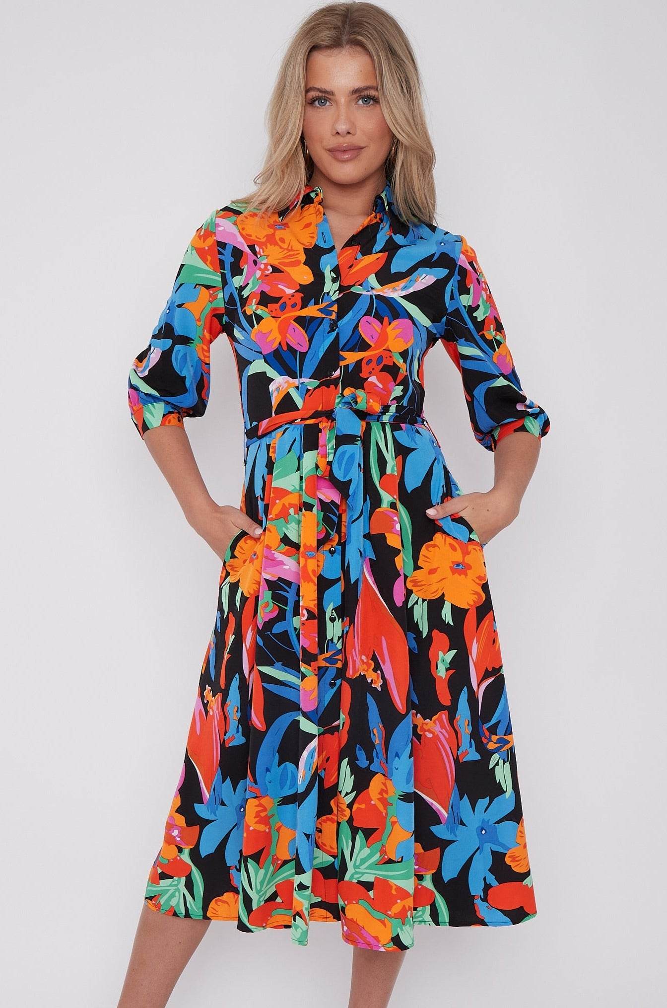 Multi Floral Print Half Sleeve Midi Shirt Dress LS-2045-D52