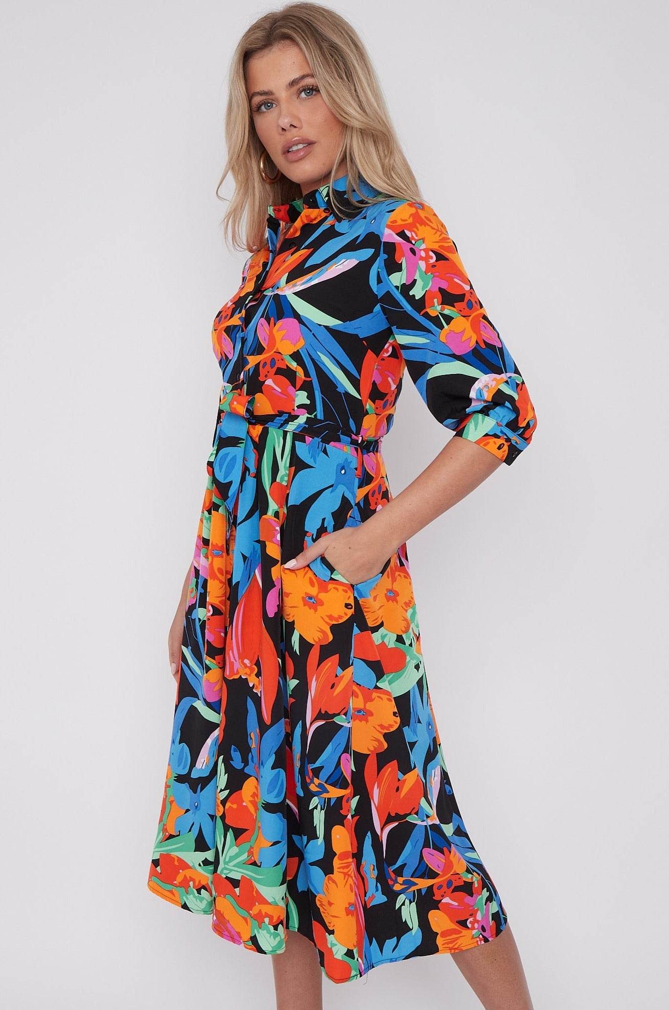 Multi Floral Print Half Sleeve Midi Shirt Dress LS-2045-D52