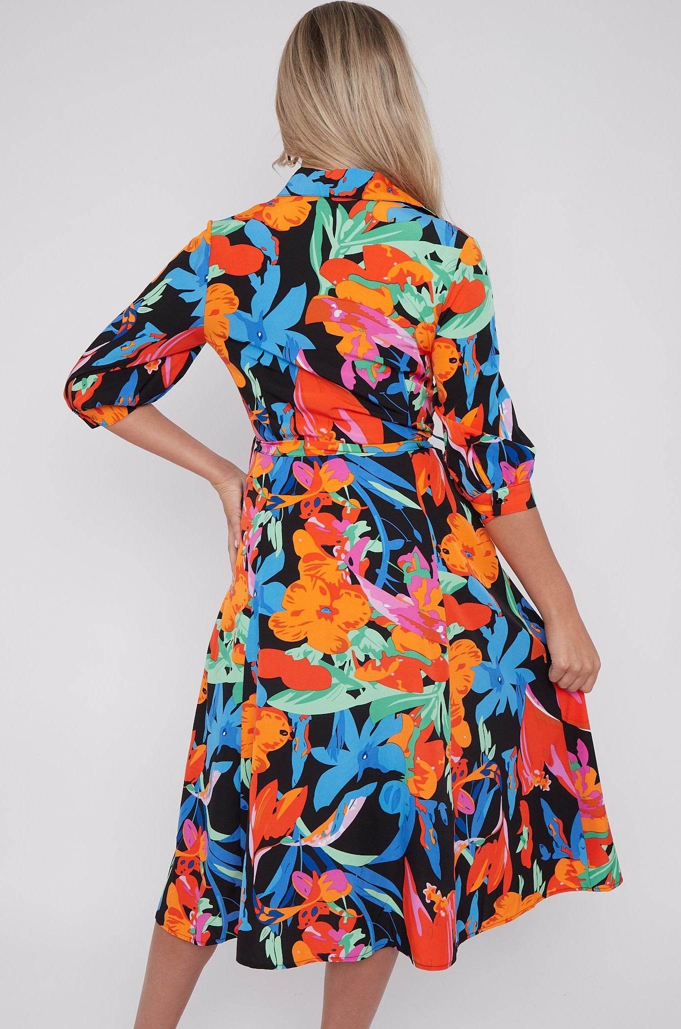 Multi Floral Print Half Sleeve Midi Shirt Dress LS-2045-D52