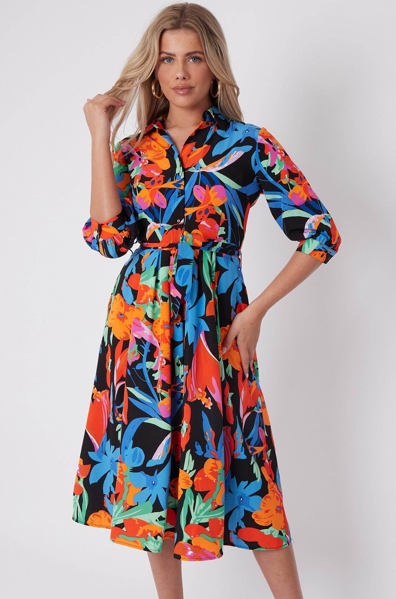 Multi Floral Print Half Sleeve Midi Shirt Dress LS-2045-D52