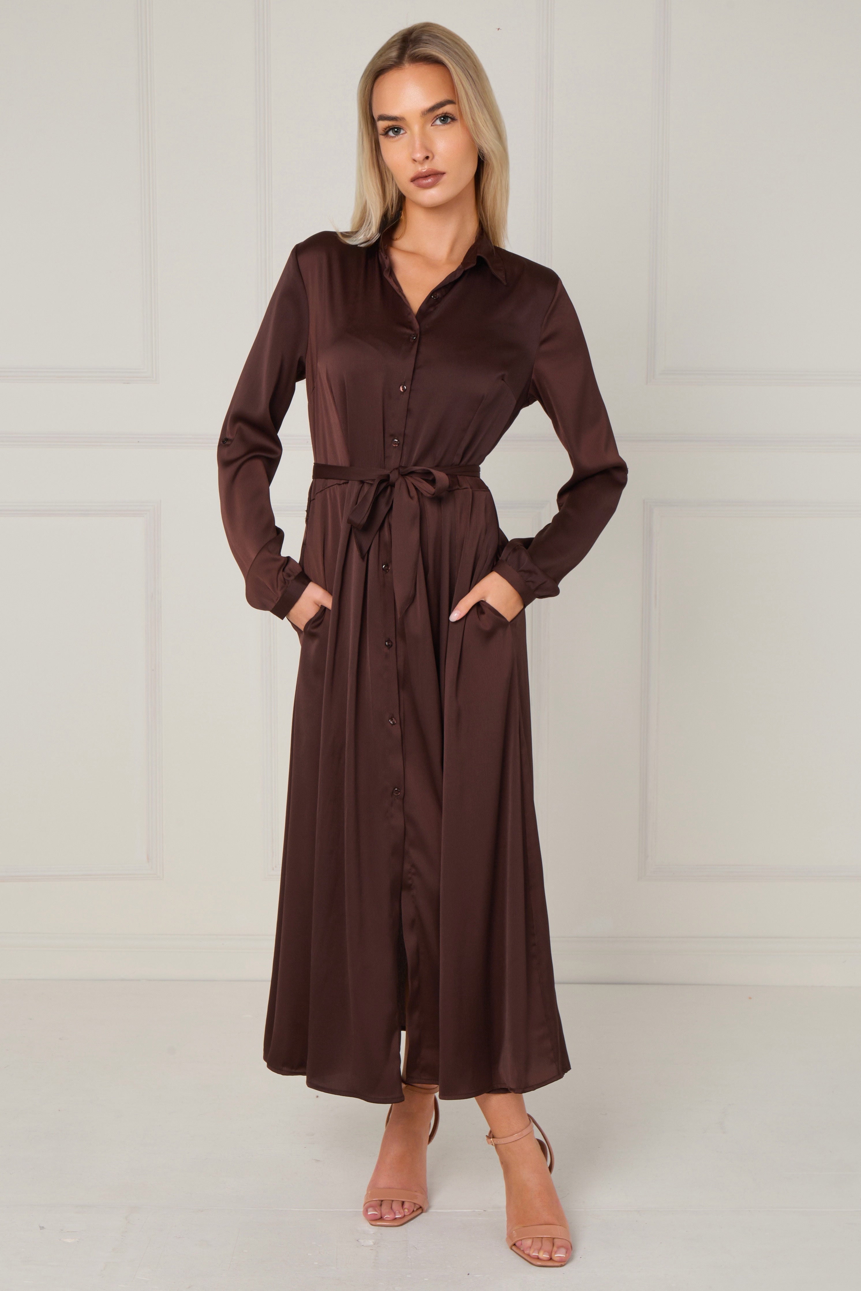 Espresso Layered Satin Long Sleeve Maxi Shirt Dress LS-2037-8078-44