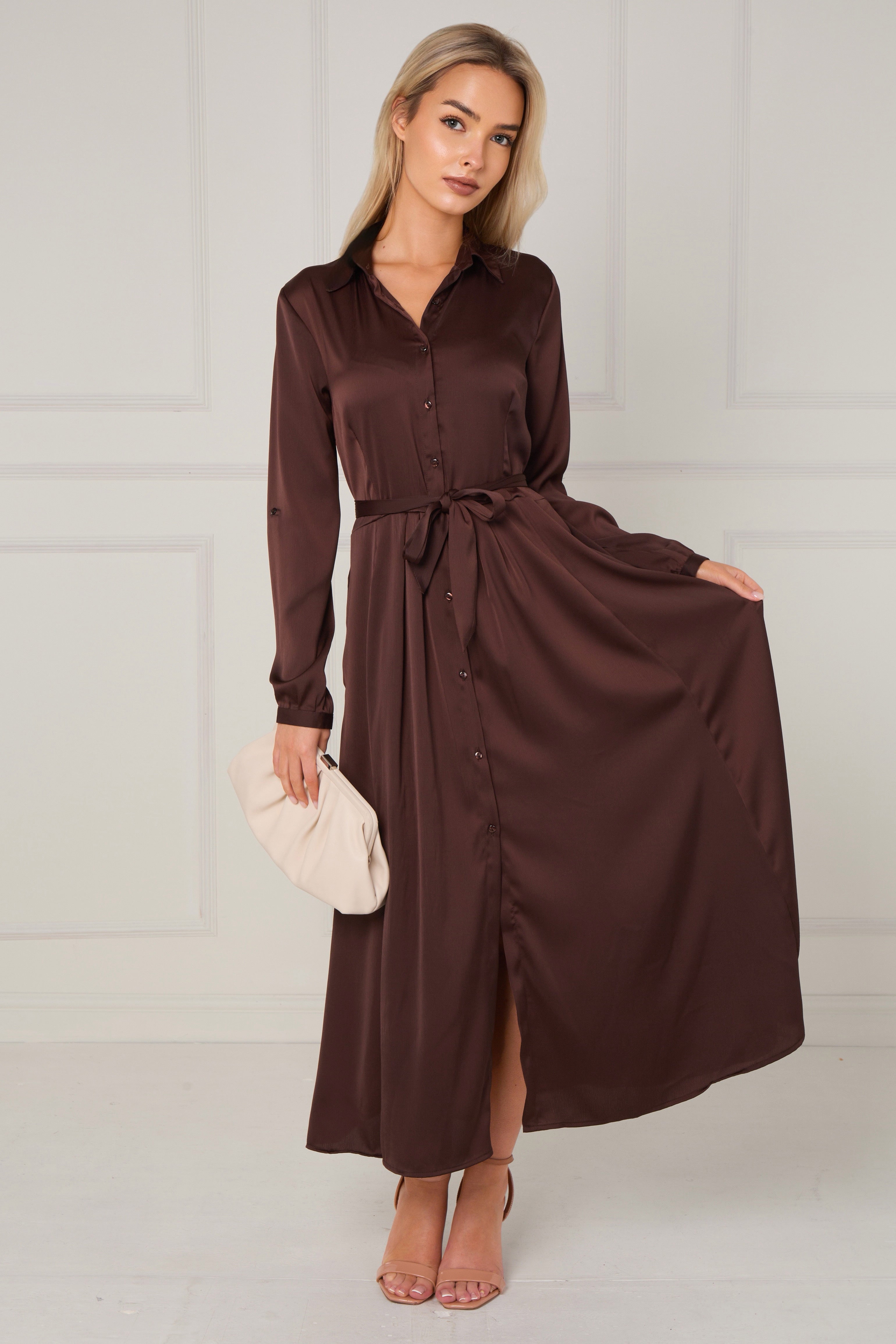 Espresso Layered Satin Long Sleeve Maxi Shirt Dress LS-2037-8078-44