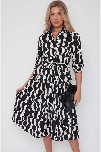 Black - Mono Geometric Print Half Sleeve Midi Shirt Dress by LOVE SUNSHINE