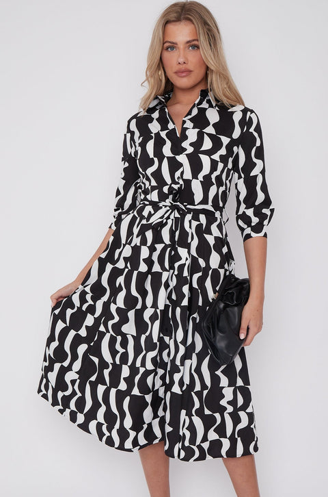 Mono Geometric Print Half Sleeve Midi Shirt Dress by LOVE SUNSHINE