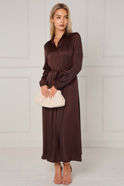 Brown - Espresso Layered Satin Long Sleeve Maxi Shirt Dress by LOVE SUNSHINE