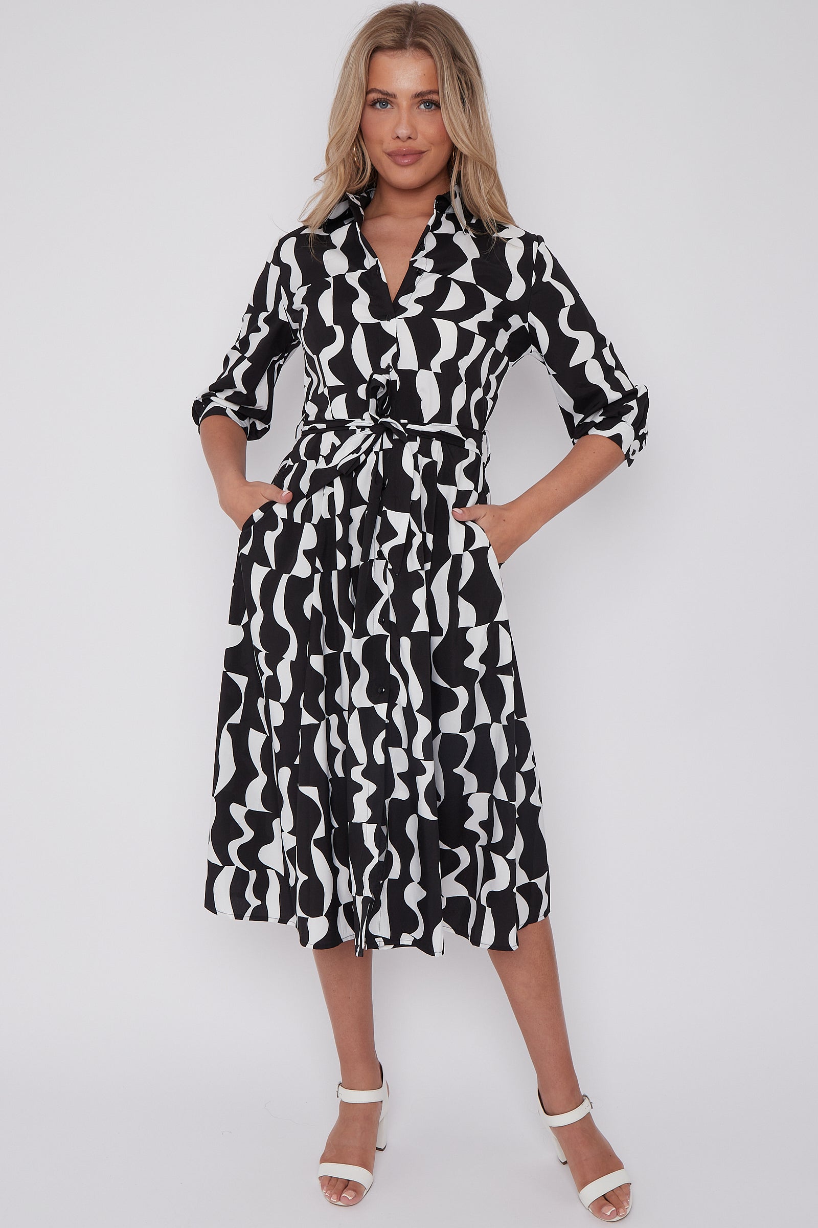 Mono Geometric Print Half Sleeve Midi Shirt Dress LS-2045-D51