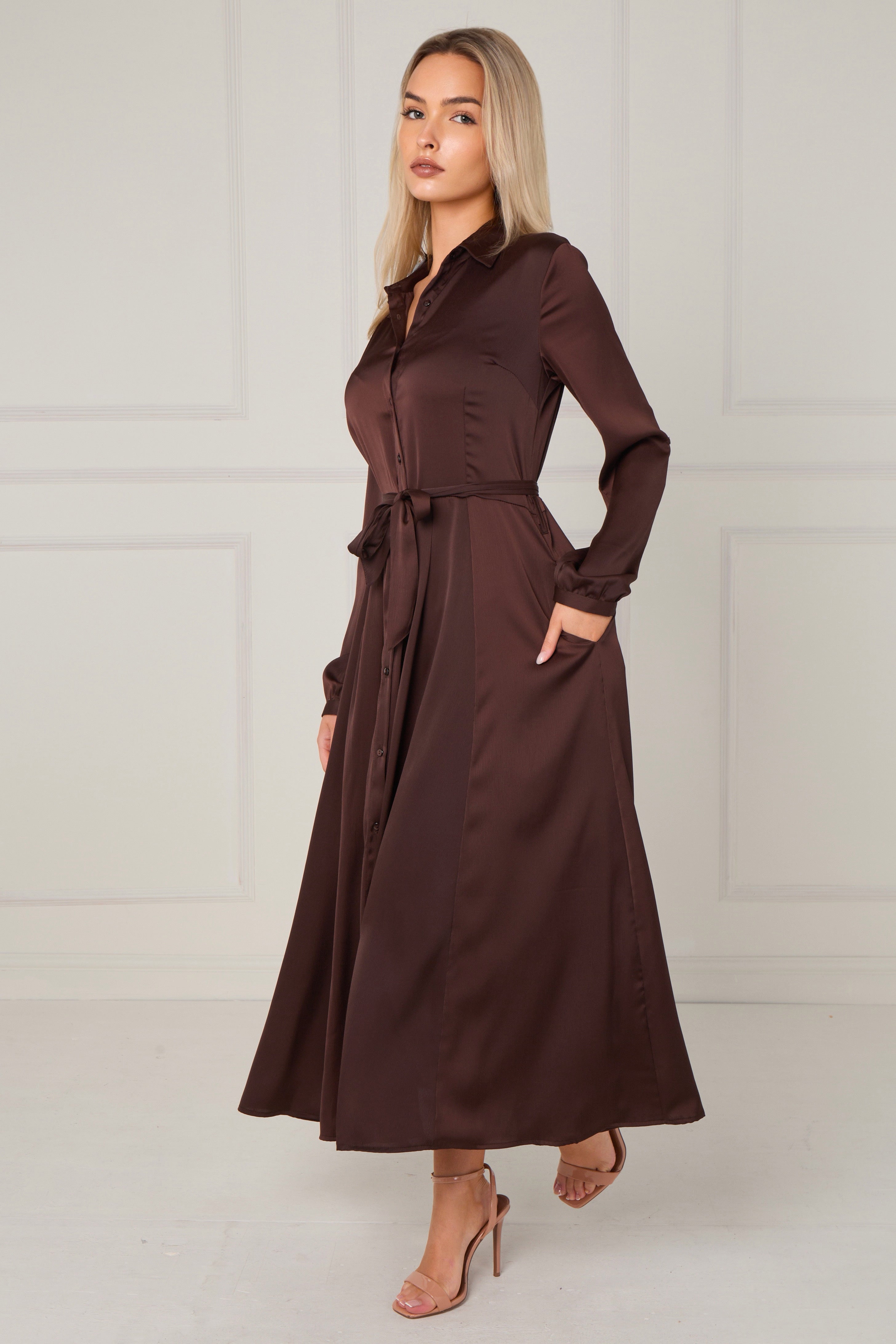 Espresso Layered Satin Long Sleeve Maxi Shirt Dress LS-2037-8078-44