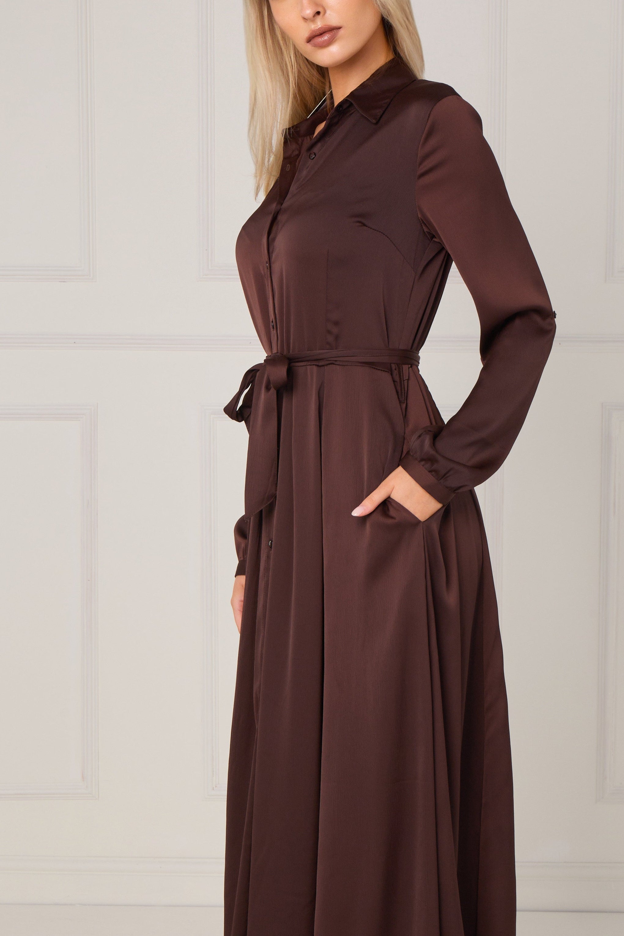 Espresso Layered Satin Long Sleeve Maxi Shirt Dress LS-2037-8078-44