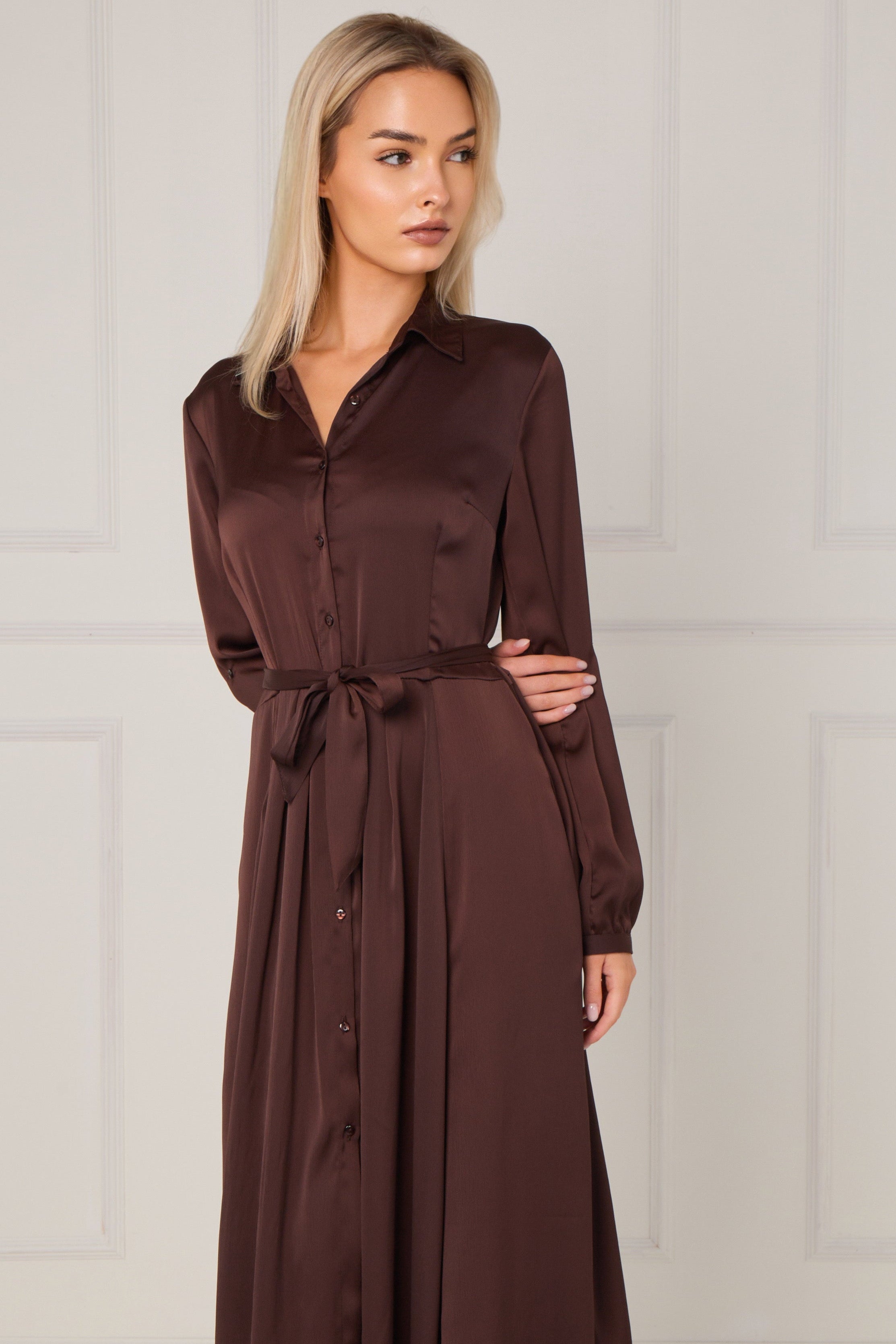 Espresso Layered Satin Long Sleeve Maxi Shirt Dress LS-2037-8078-44