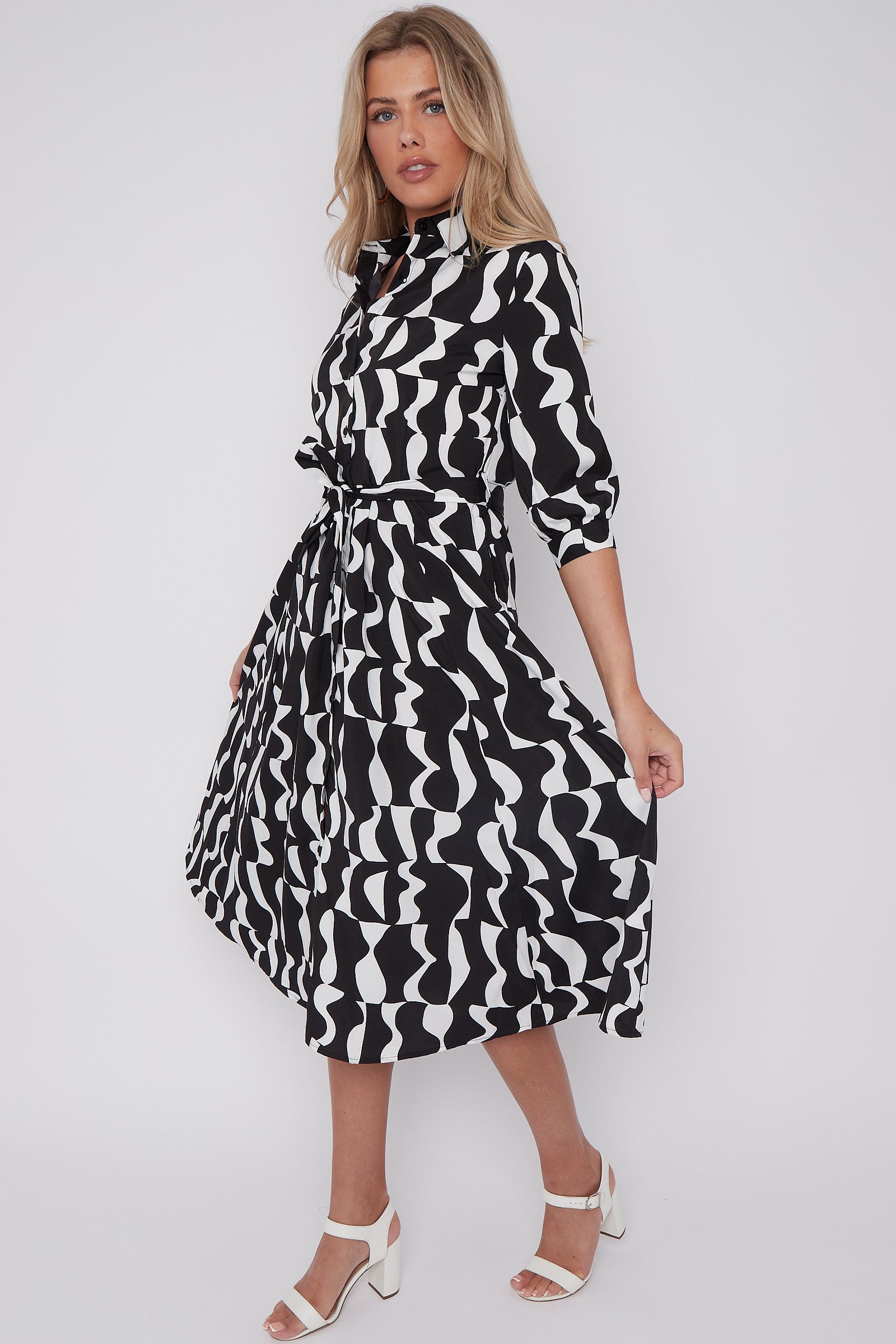 Mono Geometric Print Half Sleeve Midi Shirt Dress LS-2045-D51