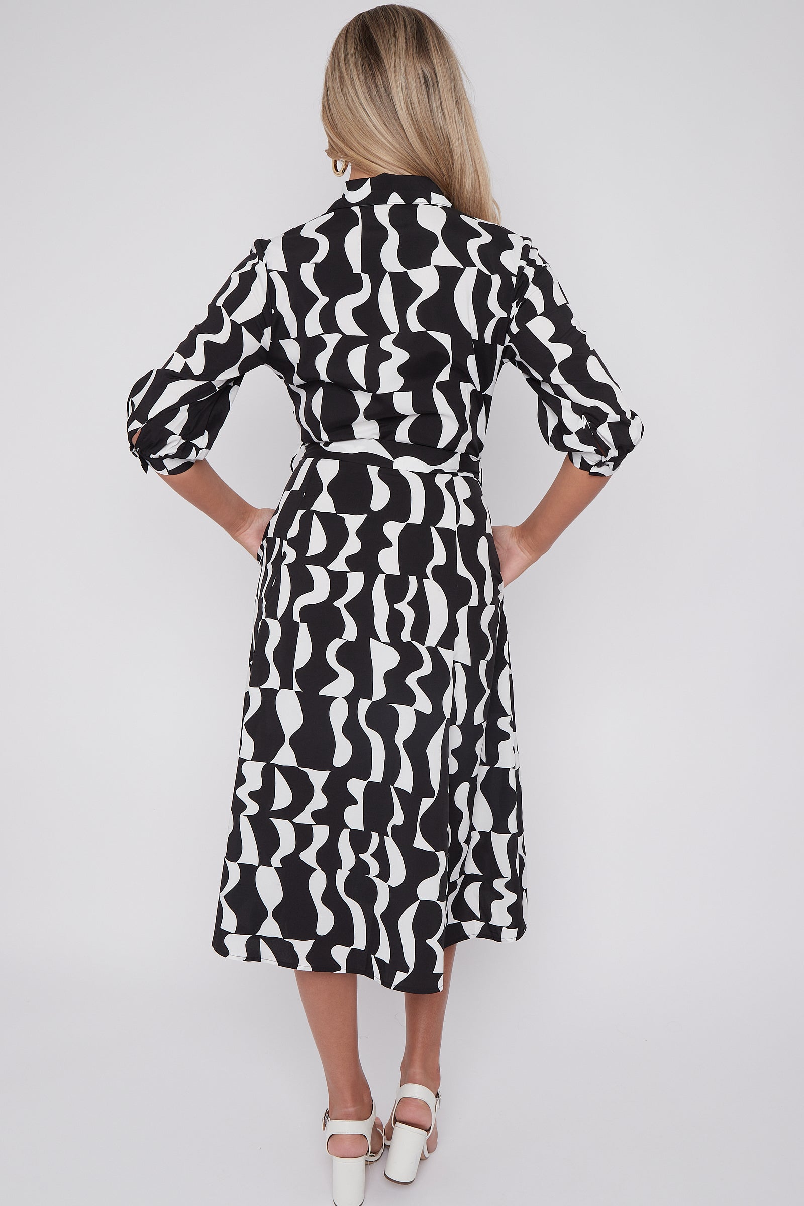 Mono Geometric Print Half Sleeve Midi Shirt Dress LS-2045-D51