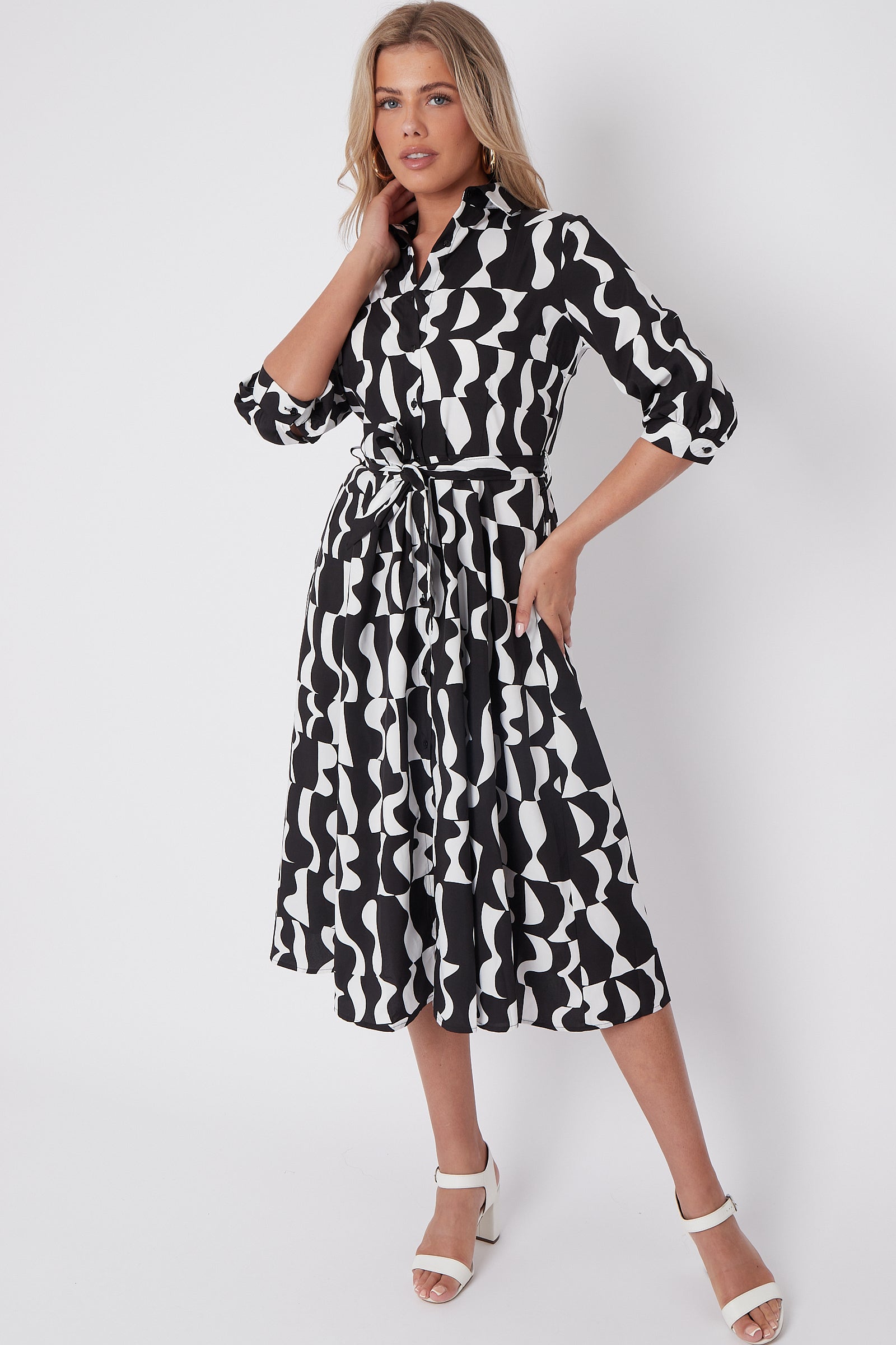 Mono Geometric Print Half Sleeve Midi Shirt Dress LS-2045-D51