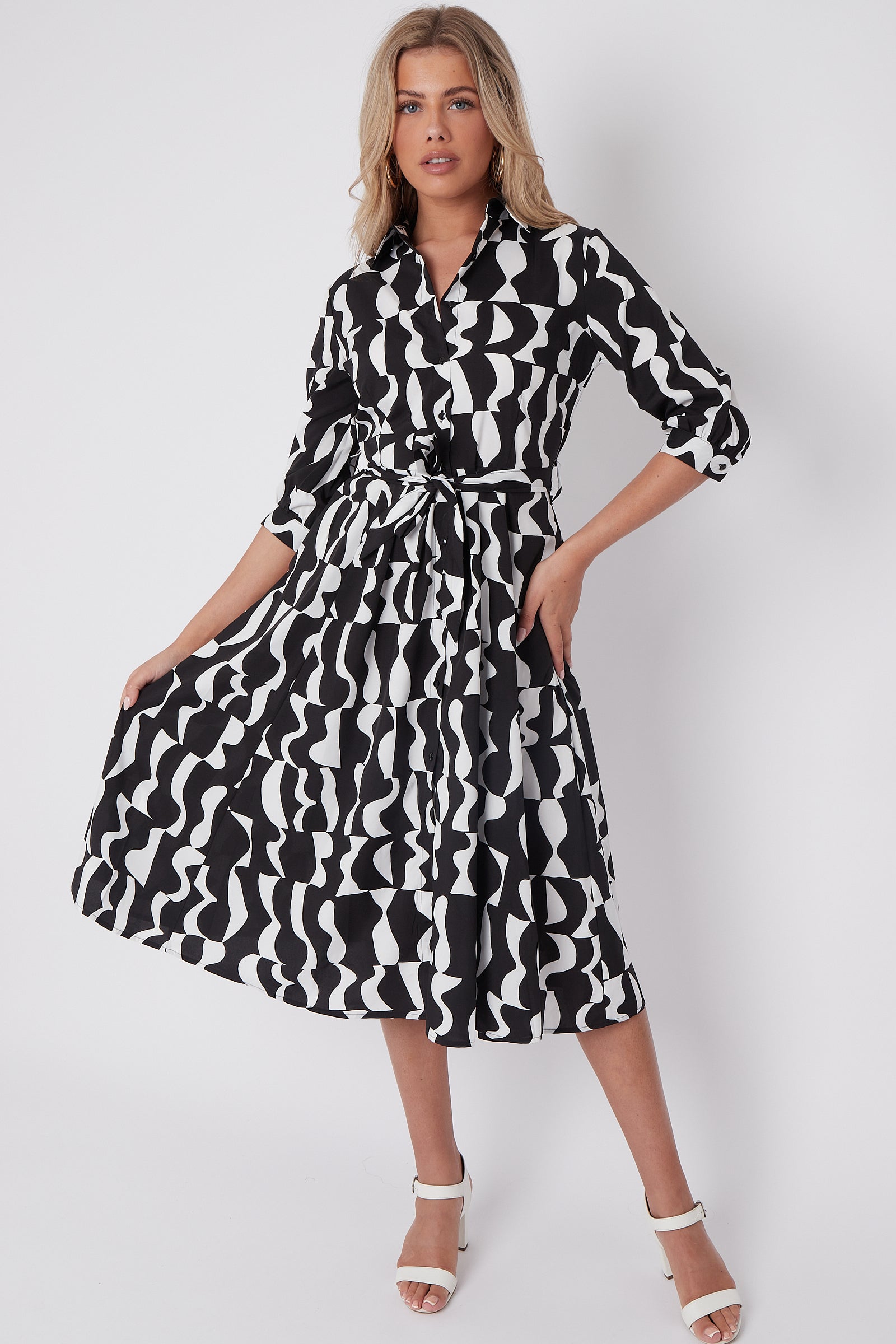 Mono Geometric Print Half Sleeve Midi Shirt Dress LS-2045-D51