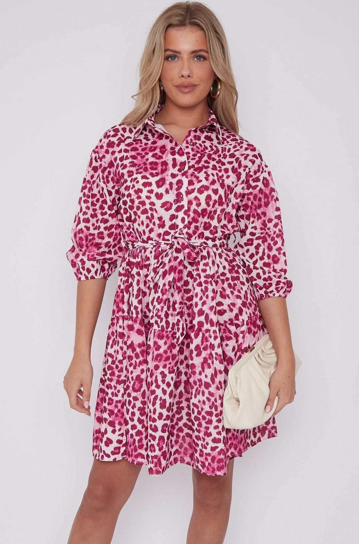 Pink Leopard Print Oversized Smock Mini Dress LS-2168-B9