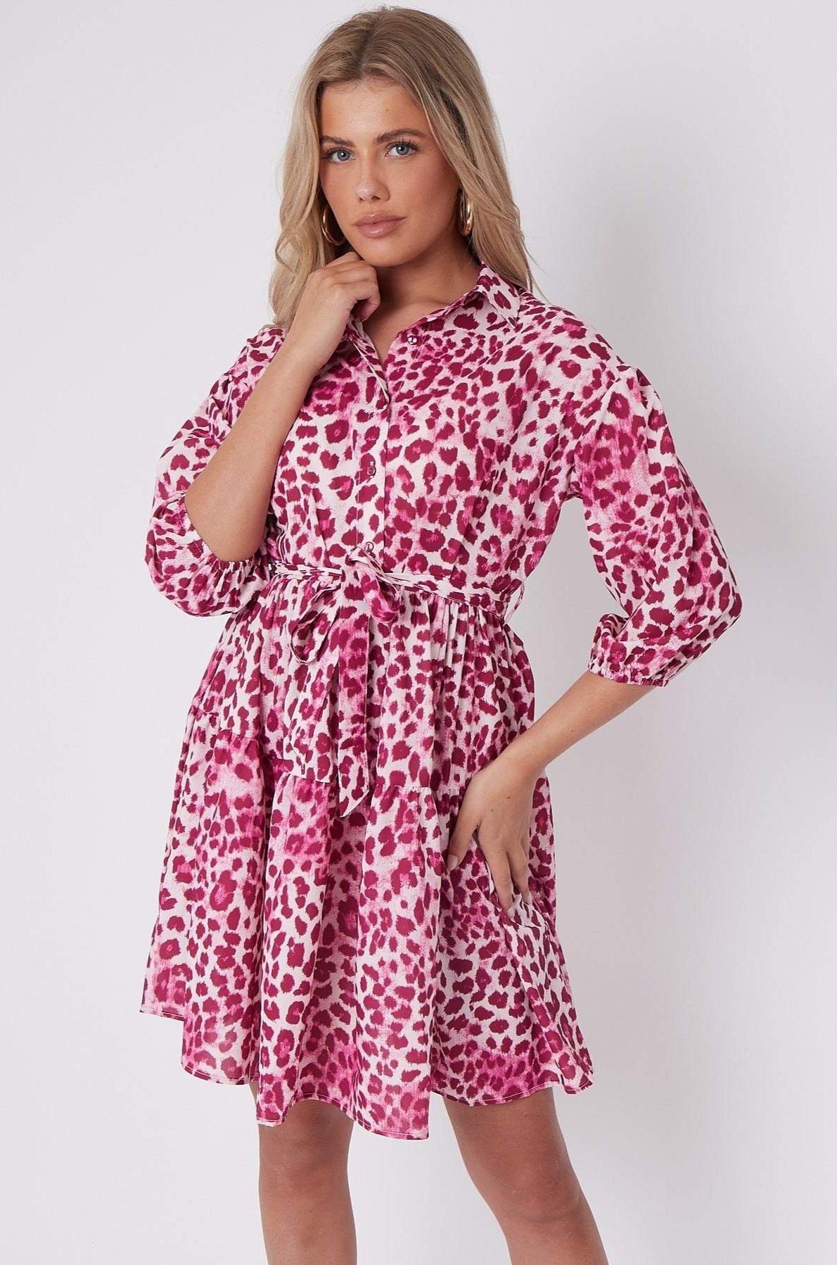 Pink Leopard Print Oversized Smock Mini Dress LS-2168-B9