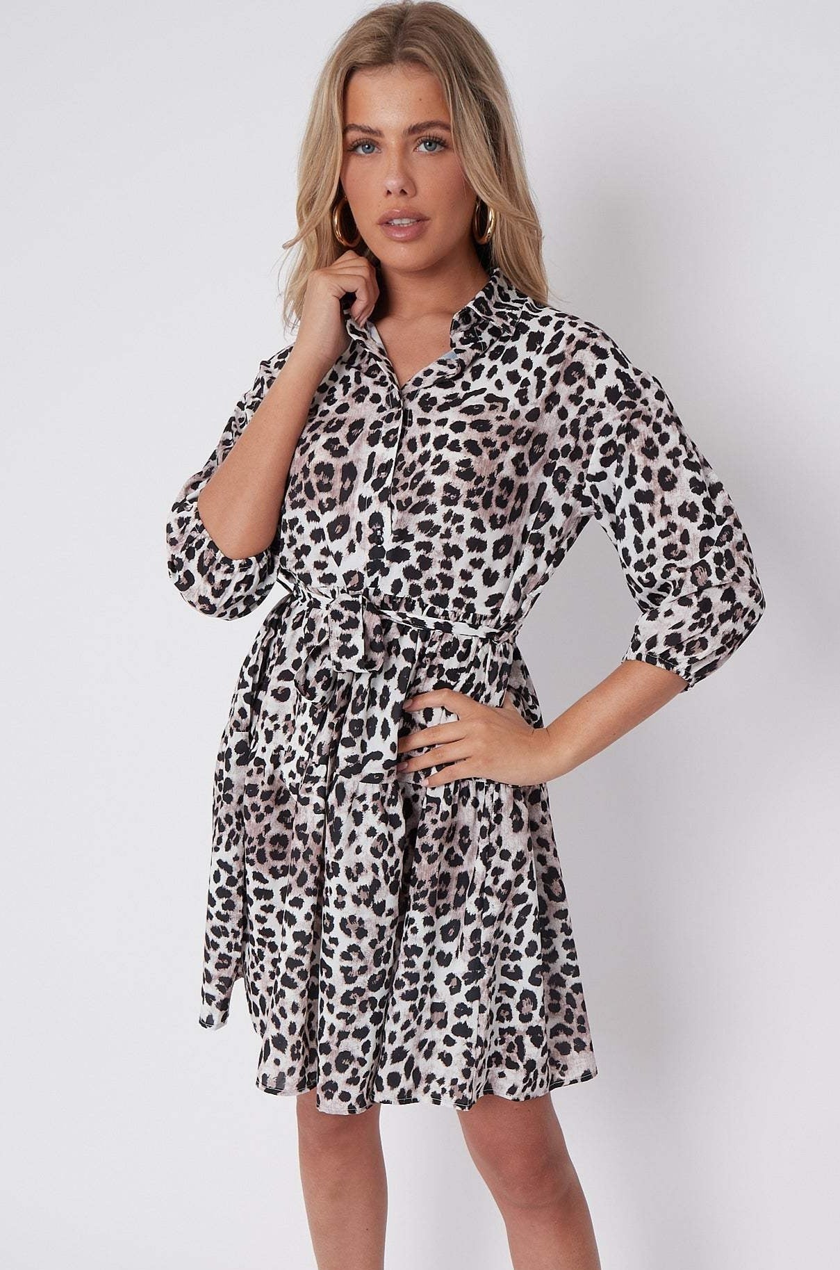 Taupe Leopard Print Oversized Smock Mini Dress LS-2168-B8