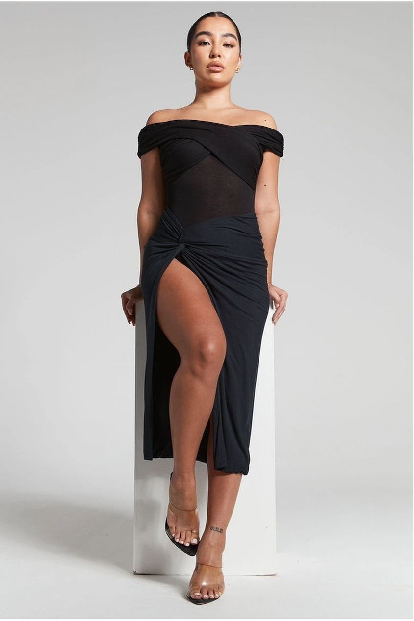 Lexi Black Ruched Knot Midi Skirt INF20225