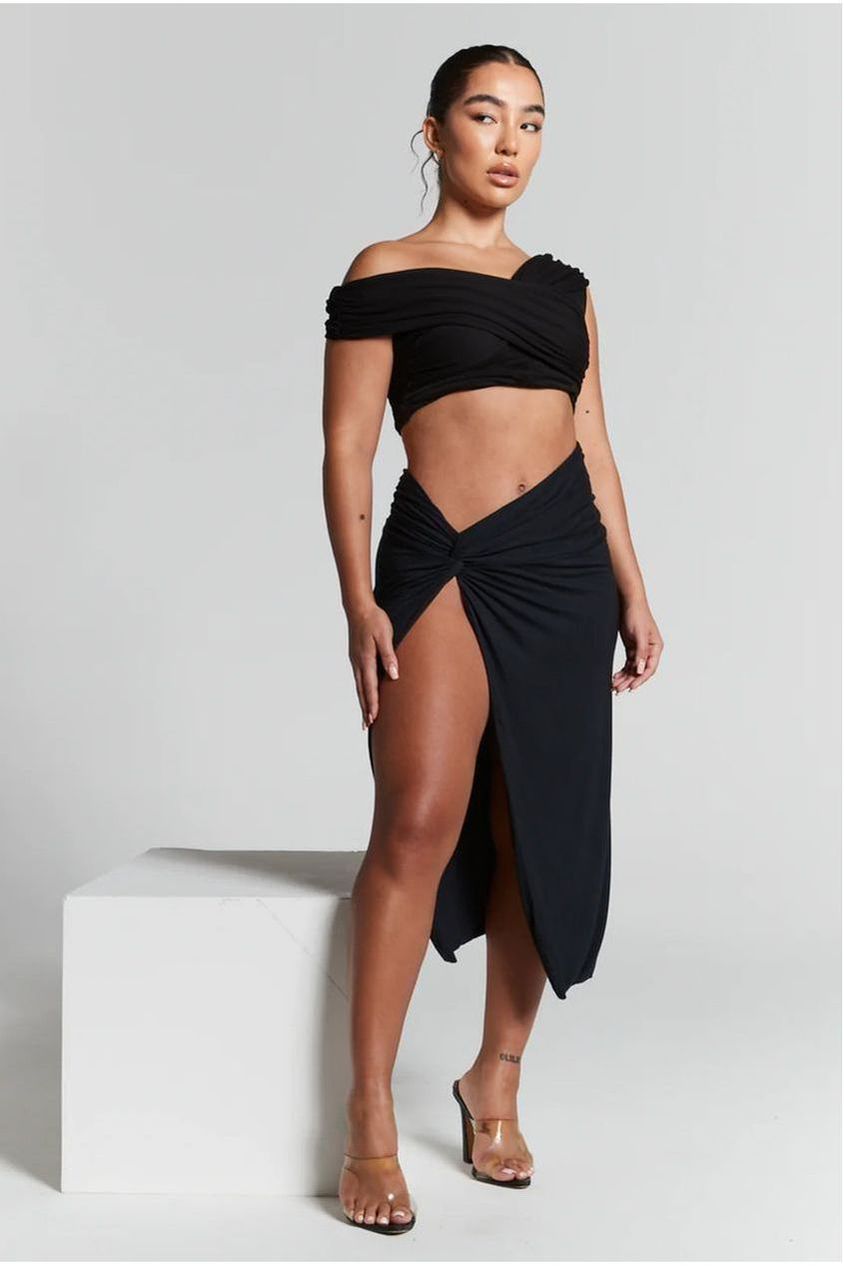 Lexi Black Ruched Knot Midi Skirt INF20225