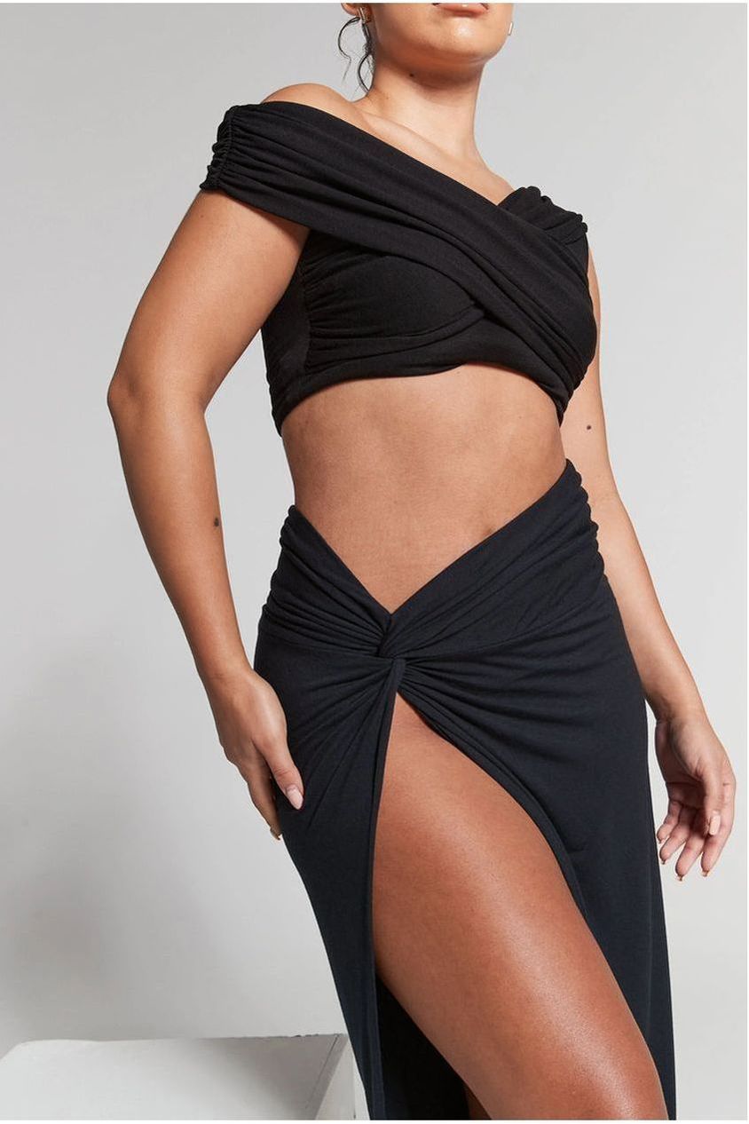 Lexi Black Ruched Knot Midi Skirt INF20225
