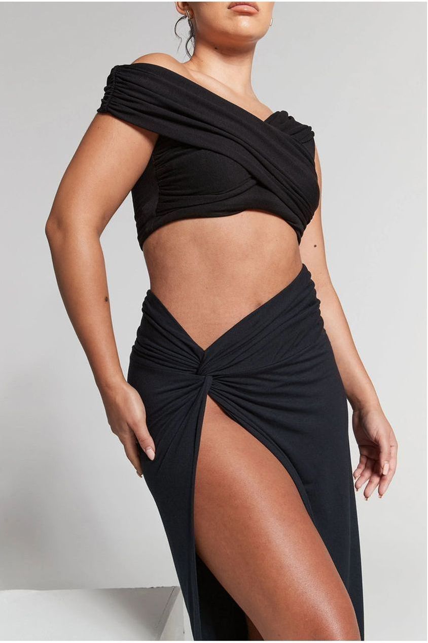 Lexi Black Ruched Knot Midi Skirt INF20225