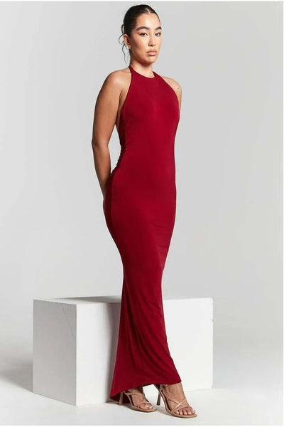 Red - Kim Maroon Knot Back Bodycon Dress by InFlair