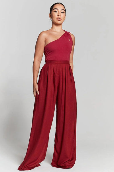 Burgundy - Burgundy Pleated Wide Leg Trouser by InFlair
