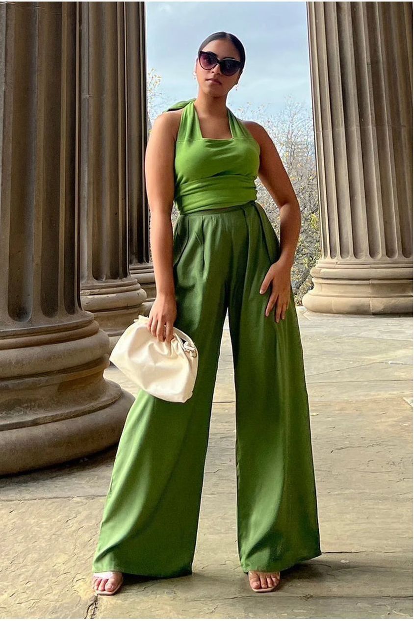 Olive Green Pleated Wide Leg Trouser INF20237