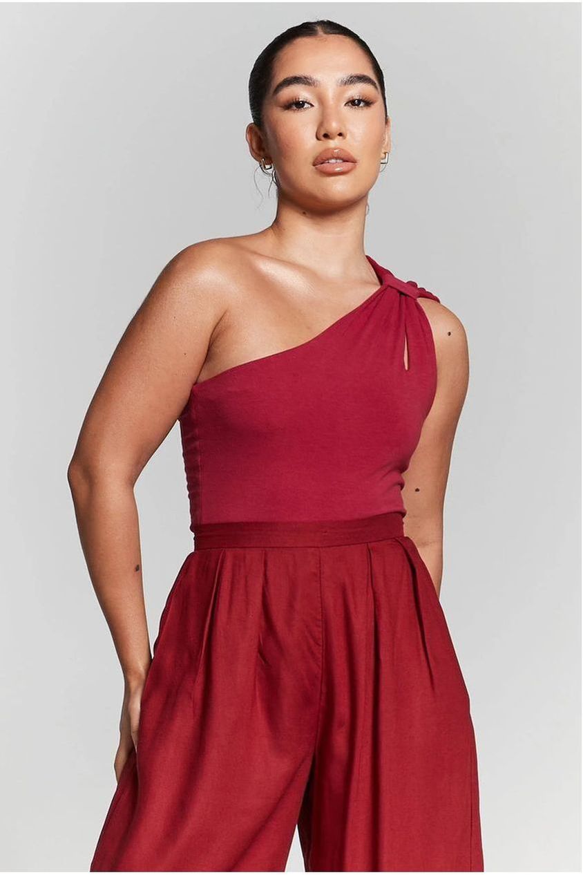 Burgundy One Shoulder Knot Bodysuit INF20243