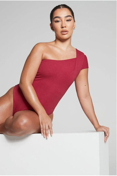 Burgundy - Burgundy One Shoulder Knot Bodysuit by InFlair