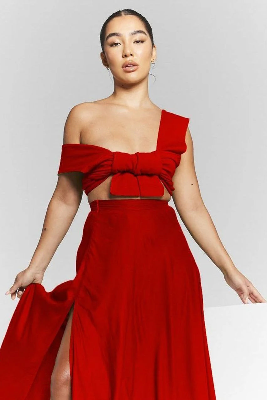 Red Flared Split Maxi Skirt INF20270