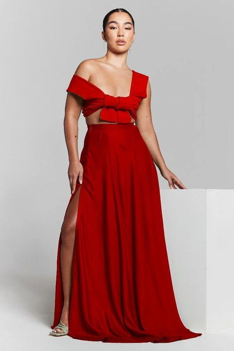 Red Flared Split Maxi Skirt by InFlair