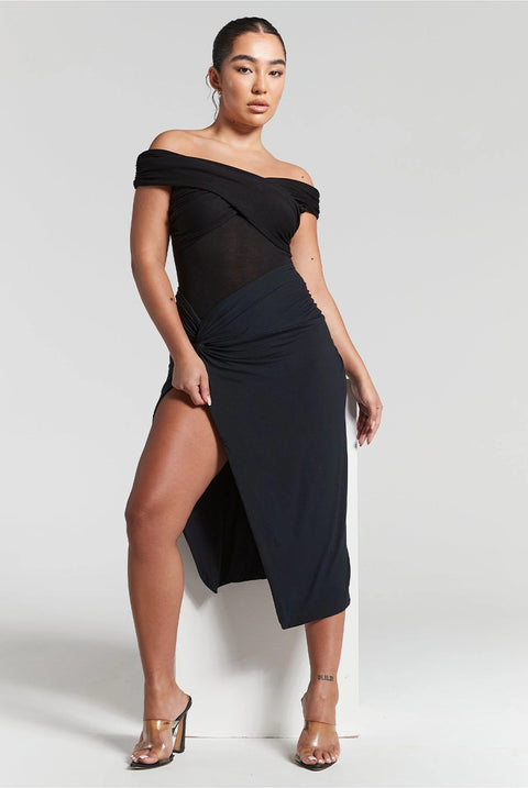 Rhea Black Pleated Bardot Bodysuit by InFlair