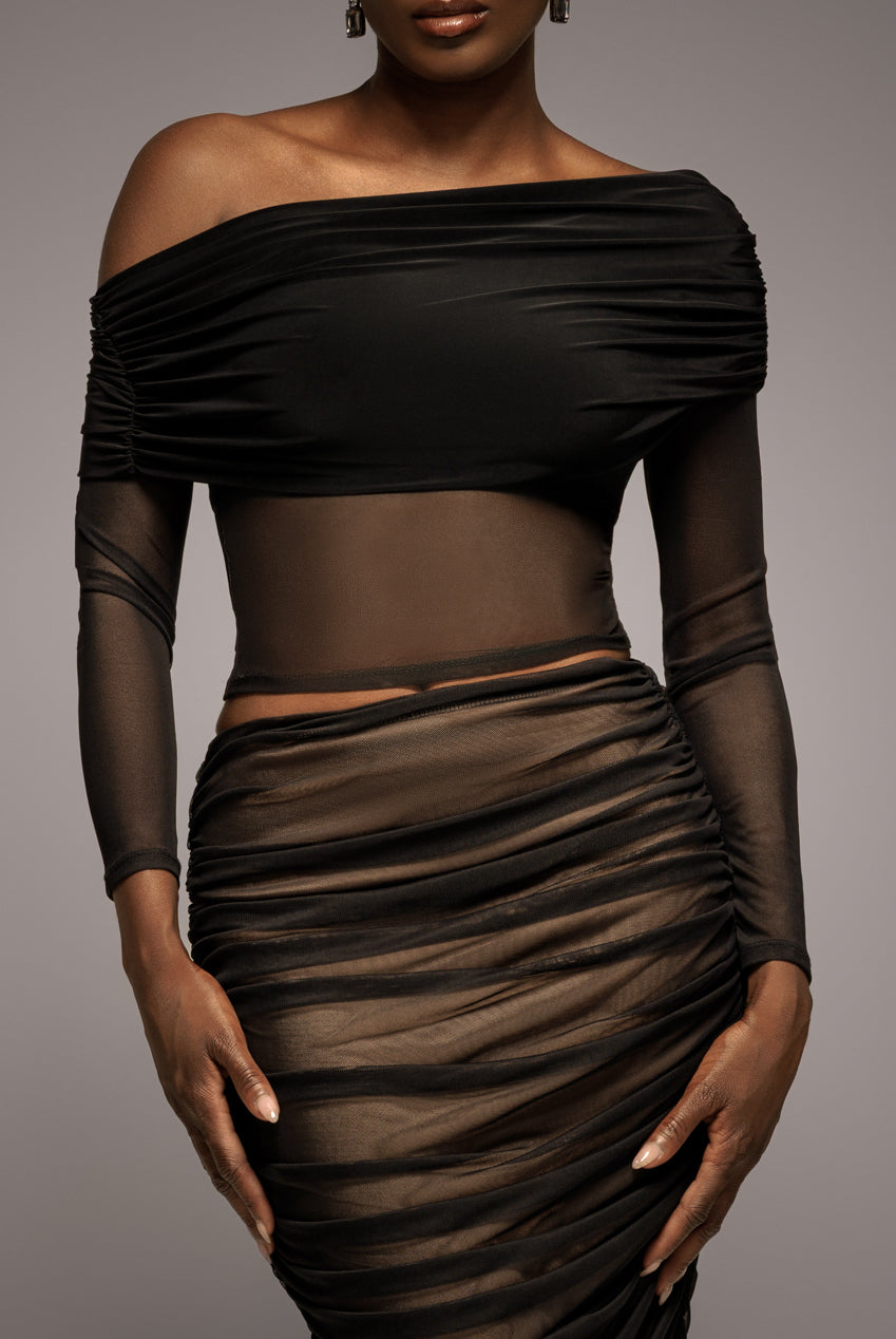 Gathered Bardot Asymmetric Mesh Panel Top - Black T272