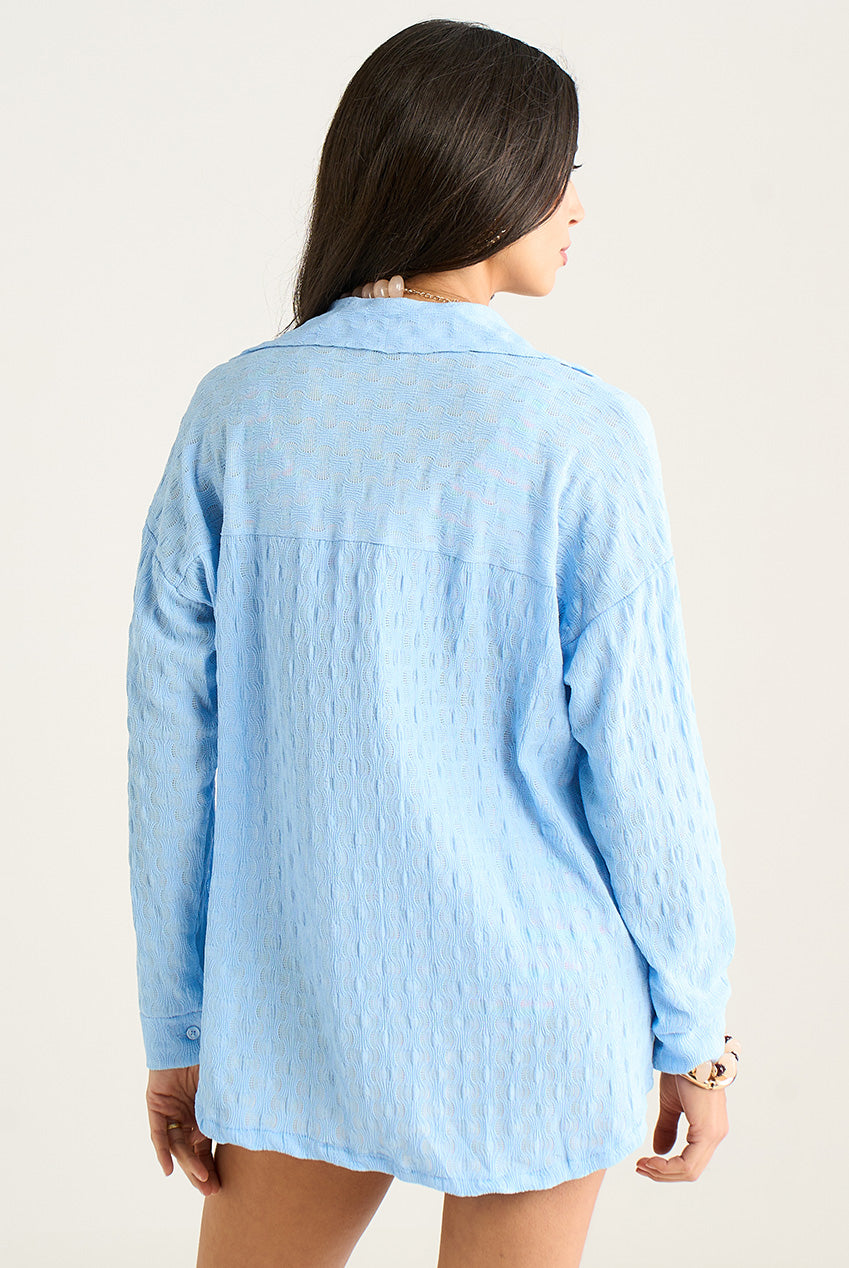 Sky Blue Textured Oversized Long Sleeve Shirt IT1480A