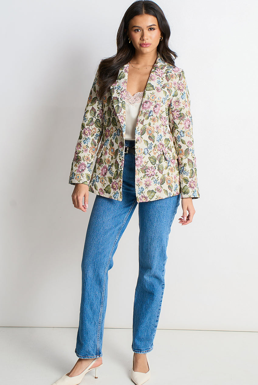 Beige Floral Jacquard Tailored Blazer IT1835