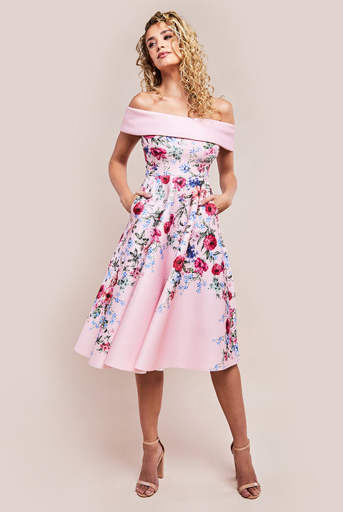 Scuba Foam Floral Bardot Midi Dress - Blush DR4302