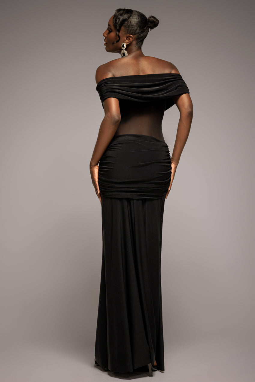 Gathered Off The Shoulder Mesh Waist Panel Maxi Dress - Black DR4857