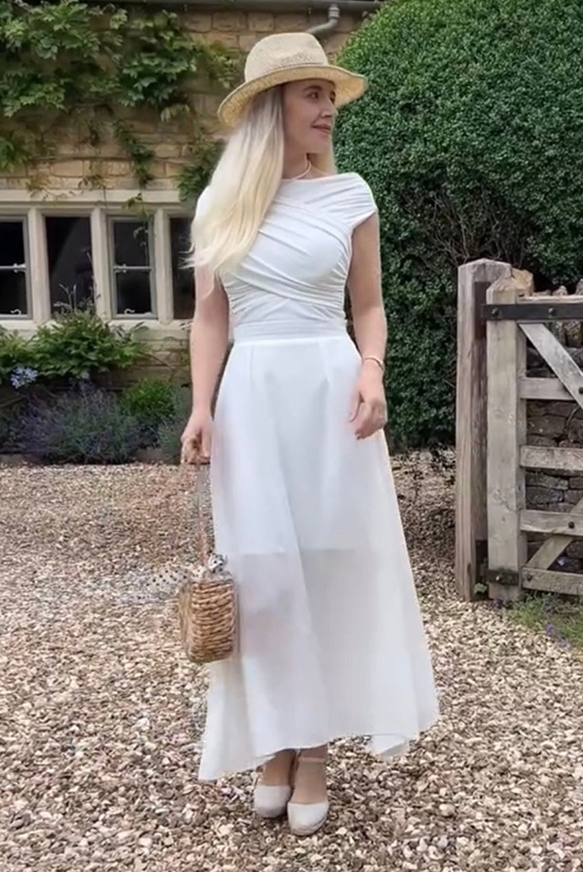 Ivory Pleated Flared Midi Skirt INF20264